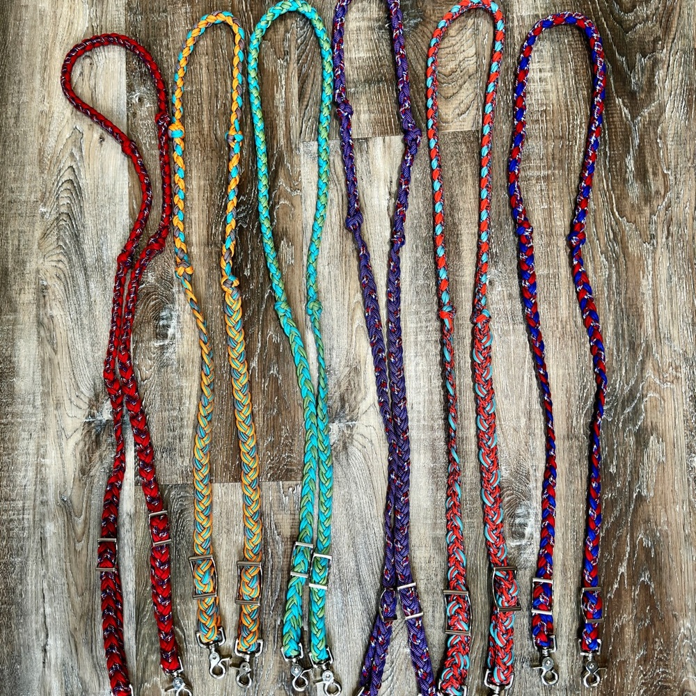 Braided & knotted barrel reins, approximately 6.5 feet